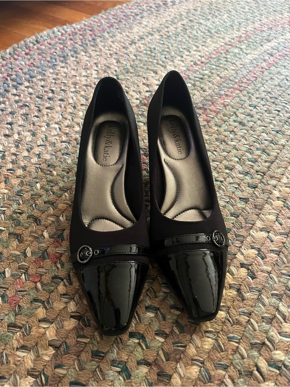Kelly & Katie Black Pointed Patent Toe heels with Decorative Buckle